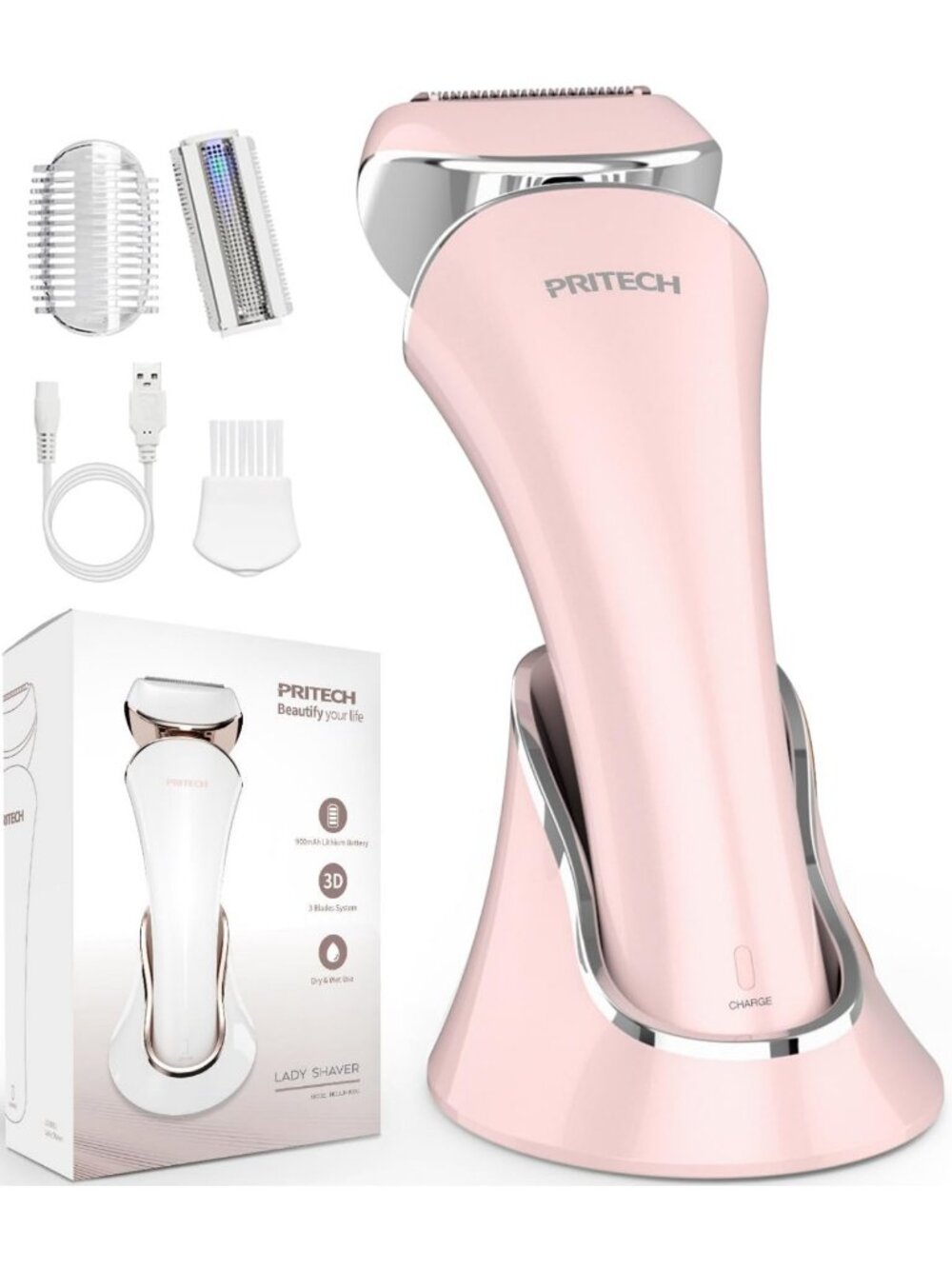 Women's Wet/Dry Electric Razor - Rechargeable Shaver, Pink, Smooth & Easy Use